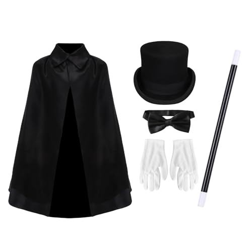 TiaoBug Jr Magier Kostüm Set Jr Magic Cape Zylinder Handschuhe Fliege Zauberstab für Halloween Party Typ K One Size von TiaoBug