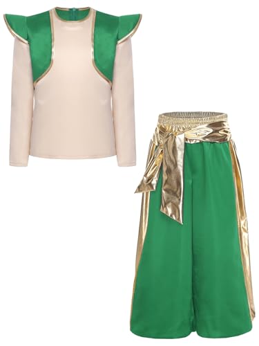 TiaoBug Jungen Arabian Prinz Kostüm Outfits Halloween Langarm T-Shirt mit Rüschen Gemustert Weste Tops + Pumphose + Glitzer Gürtel Set Fasching Karneval Verkleidung Grün 158-164 von TiaoBug
