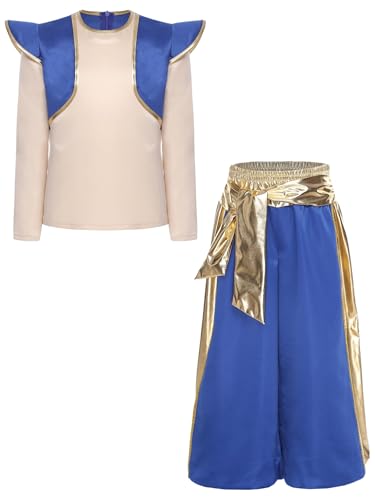 TiaoBug Jungen Arabian Prinz Kostüm Outfits Halloween Langarm T-Shirt mit Rüschen Gemustert Weste Tops + Pumphose + Glitzer Gürtel Set Fasching Karneval Verkleidung Königsblau 170 von TiaoBug