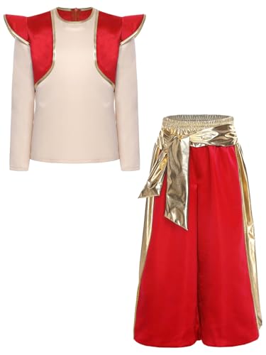TiaoBug Jungen Arabian Prinz Kostüm Outfits Halloween Langarm T-Shirt mit Rüschen Gemustert Weste Tops + Pumphose + Glitzer Gürtel Set Fasching Karneval Verkleidung Rot 158-164 von TiaoBug