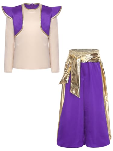TiaoBug Jungen Arabian Prinz Kostüm Outfits Halloween Langarm T-Shirt mit Rüschen Gemustert Weste Tops + Pumphose + Glitzer Gürtel Set Fasching Karneval Verkleidung Violett 158-164 von TiaoBug