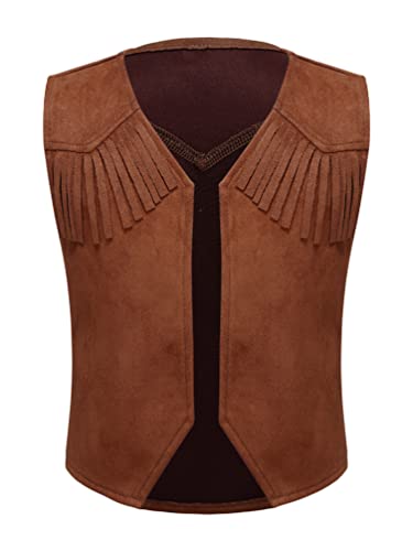 TiaoBug Jungen Cowboy Western Weste in Wildleder Optik ärmellose V-Ausschnitt Vorne Offen Gilet mit Fransen Mottoparty Outfits Braun 122-128 von TiaoBug