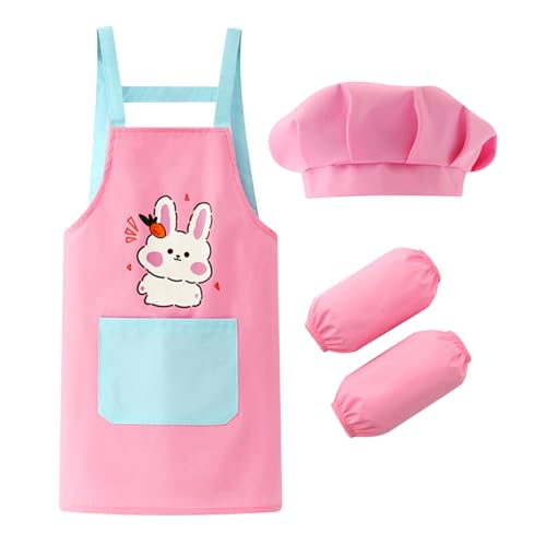 TiaoBug Jungen Mädchen Koch Bäcker Kostüm Set aus Cartoon Kochschürze Kochmütze Ärmelschoner Gastronomie Uniform Beruf Outfits Verkleidung Rosa 2-6 Jahre von TiaoBug