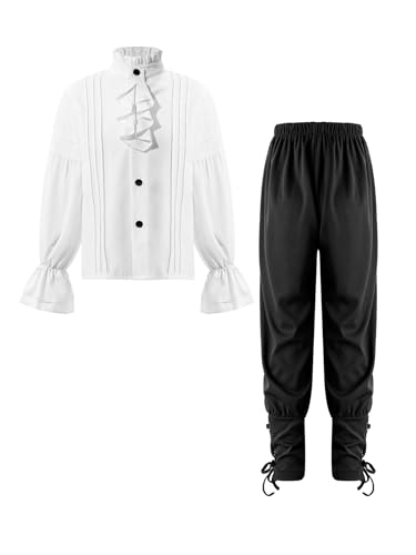 TiaoBug Jungen Piraten Hemd mit Jabot Party T-Shirt Volants Shirts + Mittelalter Pumphose mit Schnürung Gothic Cosplay Outfits Weiß schwarz 146-152 von TiaoBug