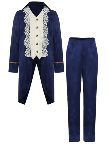 TiaoBug Jungen Prinz Jacke Blumenmuster Mantel Lang und Lange Hose Militärische Uniformen Frack Gothic Anzug Set Halloween Fasching Cosplay Kostüm Dunkelblau 110-116 von TiaoBug