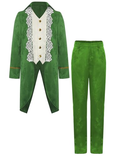 TiaoBug Jungen Prinz Jacke Blumenmuster Mantel Lang und Lange Hose Militärische Uniformen Frack Gothic Anzug Set Halloween Fasching Cosplay Kostüm Grün 122-128 von TiaoBug