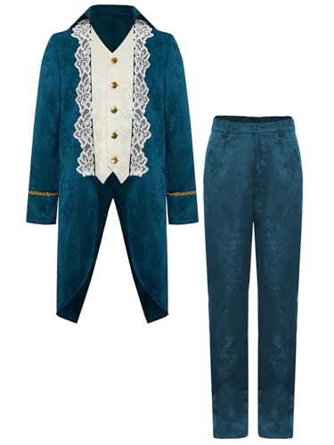 TiaoBug Jungen Prinz Jacke Blumenmuster Mantel Lang und Lange Hose Militärische Uniformen Frack Gothic Anzug Set Halloween Fasching Cosplay Kostüm Pfauenblau 134-140 von TiaoBug