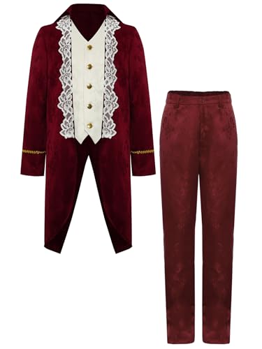 TiaoBug Jungen Prinz Jacke Blumenmuster Mantel Lang und Lange Hose Militärische Uniformen Frack Gothic Anzug Set Halloween Fasching Cosplay Kostüm Rot 170 von TiaoBug
