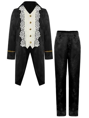 TiaoBug Jungen Prinz Jacke Blumenmuster Mantel Lang und Lange Hose Militärische Uniformen Frack Gothic Anzug Set Halloween Fasching Cosplay Kostüm Schwarz 134-140 von TiaoBug