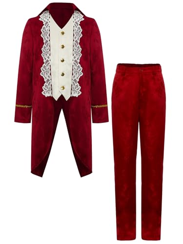 TiaoBug Jungen Prinz Jacke Blumenmuster Mantel Lang und Lange Hose Militärische Uniformen Frack Gothic Anzug Set Halloween Fasching Cosplay Kostüm Weinrot 122-128 von TiaoBug
