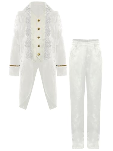 TiaoBug Jungen Prinz Jacke Blumenmuster Mantel Lang und Lange Hose Militärische Uniformen Frack Gothic Anzug Set Halloween Fasching Cosplay Kostüm Weiß 134-140 von TiaoBug