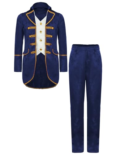 TiaoBug Jungen Renaissance Anzug Set Mittelalterliche Anzugjacke mit Victorianische Lange Hose Kinder Festlich Sakko Smoking Militärische Uniformen Dunkelblau 170 von TiaoBug