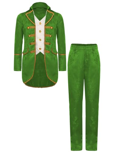 TiaoBug Jungen Renaissance Anzug Set Mittelalterliche Anzugjacke mit Victorianische Lange Hose Kinder Festlich Sakko Smoking Militärische Uniformen Grün 158-164 von TiaoBug