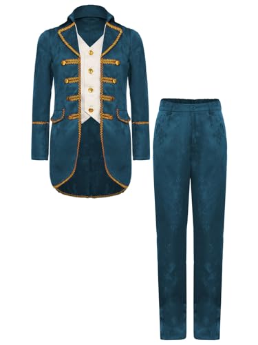 TiaoBug Jungen Renaissance Anzug Set Mittelalterliche Anzugjacke mit Victorianische Lange Hose Kinder Festlich Sakko Smoking Militärische Uniformen Pfauenblau 134-140 von TiaoBug