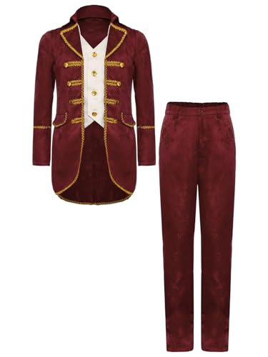 TiaoBug Jungen Renaissance Anzug Set Mittelalterliche Anzugjacke mit Victorianische Lange Hose Kinder Festlich Sakko Smoking Militärische Uniformen Rot 110-116 von TiaoBug