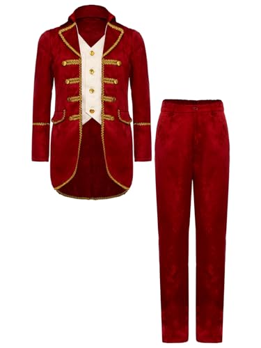 TiaoBug Jungen Renaissance Anzug Set Mittelalterliche Anzugjacke mit Victorianische Lange Hose Kinder Festlich Sakko Smoking Militärische Uniformen Weinrot 158-164 von TiaoBug