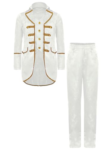 TiaoBug Jungen Renaissance Anzug Set Mittelalterliche Anzugjacke mit Victorianische Lange Hose Kinder Festlich Sakko Smoking Militärische Uniformen Weiß 122-128 von TiaoBug