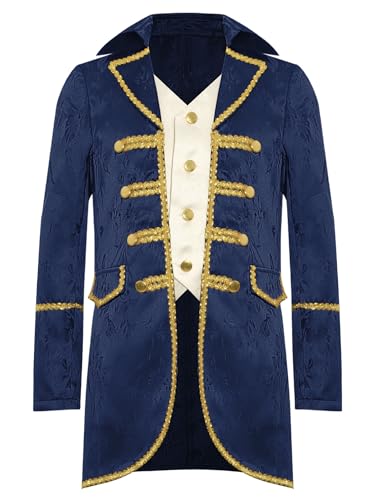 TiaoBug Jungen Viktorianischer Anzugjacke Gohtic Piraten Kostüm Renaissance Frack Mittelalterliche Gehrock Vintage Retro Blazer mit Schnür Militärische Uniformen Dunkelblau 146-152 von TiaoBug