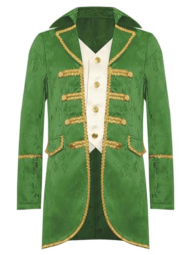 TiaoBug Jungen Viktorianischer Anzugjacke Gohtic Piraten Kostüm Renaissance Frack Mittelalterliche Gehrock Vintage Retro Blazer mit Schnür Militärische Uniformen Grün 170 von TiaoBug