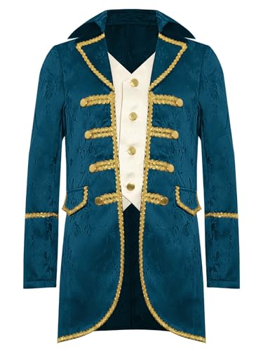TiaoBug Jungen Viktorianischer Anzugjacke Gohtic Piraten Kostüm Renaissance Frack Mittelalterliche Gehrock Vintage Retro Blazer mit Schnür Militärische Uniformen Pfauenblau 110-116 von TiaoBug