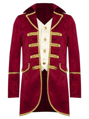 TiaoBug Jungen Viktorianischer Anzugjacke Gohtic Piraten Kostüm Renaissance Frack Mittelalterliche Gehrock Vintage Retro Blazer mit Schnür Militärische Uniformen Rot 158-164 von TiaoBug