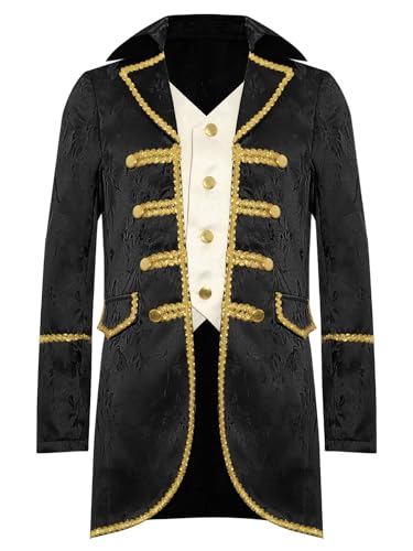 TiaoBug Jungen Viktorianischer Anzugjacke Gohtic Piraten Kostüm Renaissance Frack Mittelalterliche Gehrock Vintage Retro Blazer mit Schnür Militärische Uniformen Schwarz 158-164 von TiaoBug