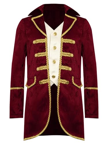 TiaoBug Jungen Viktorianischer Anzugjacke Gohtic Piraten Kostüm Renaissance Frack Mittelalterliche Gehrock Vintage Retro Blazer mit Schnür Militärische Uniformen Weinrot 146-152 von TiaoBug