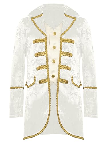 TiaoBug Jungen Viktorianischer Anzugjacke Gohtic Piraten Kostüm Renaissance Frack Mittelalterliche Gehrock Vintage Retro Blazer mit Schnür Militärische Uniformen Weiß 146-152 von TiaoBug