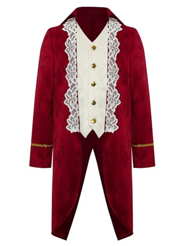 TiaoBug Jungen Vintage Frack Steampunk Gothic Jacke Blumenmuster Mantel Mittelalter Gehrock mit Spitzen Saum Knöpfe Fasching Karneval Cosplay Kostüm Outwear Burgundy 170 von TiaoBug