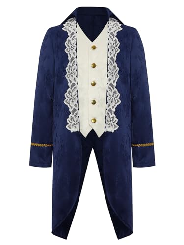 TiaoBug Jungen Vintage Frack Steampunk Gothic Jacke Blumenmuster Mantel Mittelalter Gehrock mit Spitzen Saum Knöpfe Fasching Karneval Cosplay Kostüm Outwear Navy blau 170 von TiaoBug