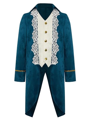 TiaoBug Jungen Vintage Frack Steampunk Gothic Jacke Blumenmuster Mantel Mittelalter Gehrock mit Spitzen Saum Knöpfe Fasching Karneval Cosplay Kostüm Outwear Pfauenblau 134-140 von TiaoBug