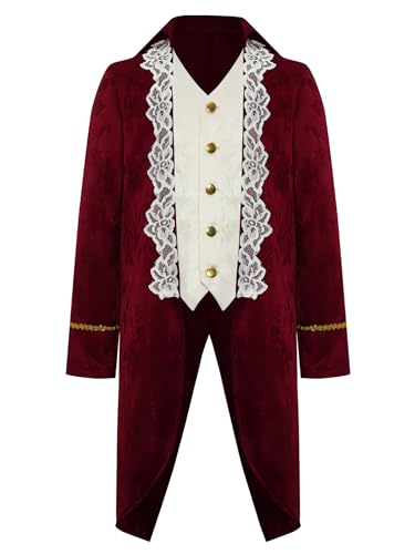 TiaoBug Jungen Vintage Frack Steampunk Gothic Jacke Blumenmuster Mantel Mittelalter Gehrock mit Spitzen Saum Knöpfe Fasching Karneval Cosplay Kostüm Outwear Rot 170 von TiaoBug