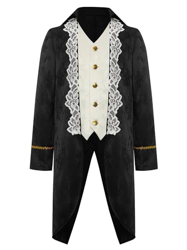 TiaoBug Jungen Vintage Frack Steampunk Gothic Jacke Blumenmuster Mantel Mittelalter Gehrock mit Spitzen Saum Knöpfe Fasching Karneval Cosplay Kostüm Outwear Schwarz 110-116 von TiaoBug