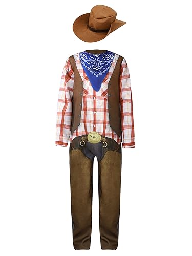 TiaoBug Jungen Western Cowboy Kostüm 3D Druck Einteiler Anzug mit Cowboyhut Westernhut Gemustert Weste Kariertes Hemd Hose und Halstuch Halloween Outfits Braun 128-140 von TiaoBug