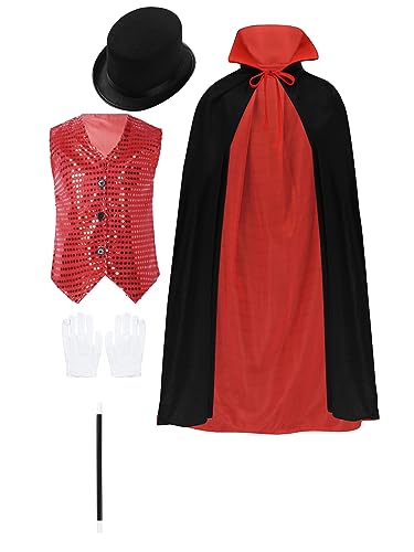 TiaoBug Jungen Zauberer Magier Cosplay Kostüm Set Schwarzes Rot Reversible Umhang Stehkragen + Weiße Handschuhe + Magischer Zauberstab + Zylinderhut Kinder Halloween Party Rot X 170 von TiaoBug