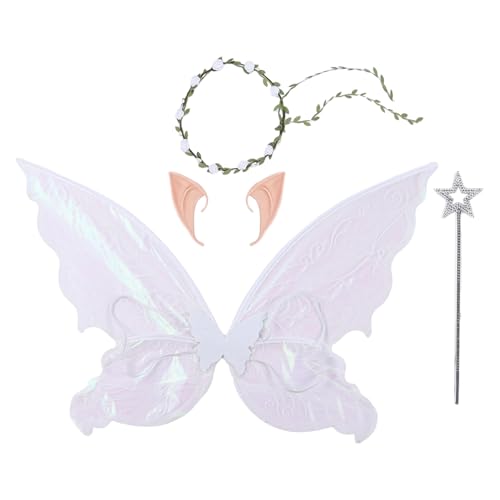 TiaoBug Kinder Erwachsene Engel Cosplay Feenflügel Elfenohren Kranz Zauberstab Set Prinzessin Elfenflügel Zauberwelt Feen Karneval Weiß Set One Size von TiaoBug