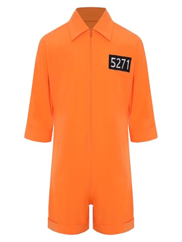 TiaoBug Kinder Sträfling Kostüm Mädchen Jungen Gefangener Anzug Jumpsuit Kurz Overalls mit Reisverschluss Uniform für Gefängnis Halloween Cosplay Outfits Orange 146-152 von TiaoBug