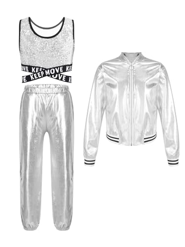 TiaoBug Mädchen 80er Jahre Trainingsanzug Retro Kostüm Metallic Jogger Jogginganzug Jacke und Hose Pailletten Crop Top Disco Jazz Tanz Outfits Silber 122-128 TiaoBug Mädchen 80er Jahre Trainingsanzug Retro Kostüm Metallic Jogger Jogginganzug Jacke und Hose Pailletten Crop Top Disco Jazz Tanz Outfits Silber 122-128 von TiaoBug