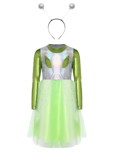 TiaoBug Mädchen Alien Cosplay Kostüm Langarm Metallic Kleider + Haarreifen mit Antenne Lack Leder Optik Partykleid Festkleider Halloween Outfits Fluoreszierendes Grün Silber 80-92 von TiaoBug