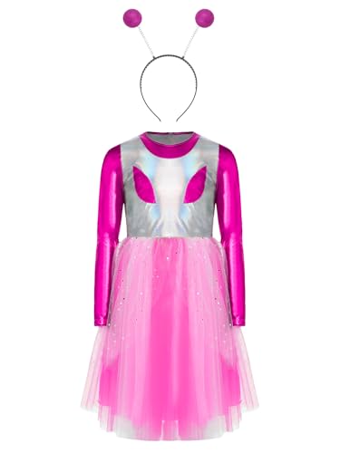 TiaoBug Mädchen Alien Cosplay Kostüm Langarm Metallic Kleider + Haarreifen mit Antenne Lack Leder Optik Partykleid Festkleider Halloween Outfits Hot Pink 122-128 von TiaoBug