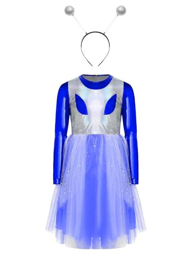 TiaoBug Mädchen Alien Cosplay Kostüm Langarm Metallic Kleider + Haarreifen mit Antenne Lack Leder Optik Partykleid Festkleider Halloween Outfits Königsblau Silber 110-116 von TiaoBug