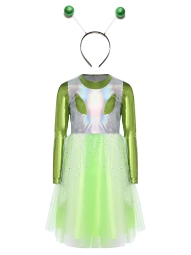 TiaoBug Mädchen Alien Cosplay Kostüm Langarm Metallic Kleider + Haarreifen mit Antenne Lack Leder Optik Partykleid Festkleider Halloween Outfits Leuchtendes Grün 122-128 von TiaoBug