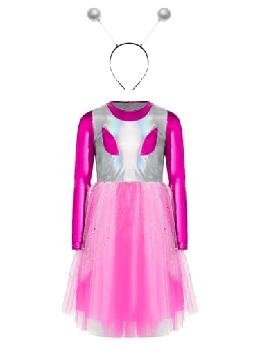 TiaoBug Mädchen Alien Cosplay Kostüm Langarm Metallic Kleider + Haarreifen mit Antenne Lack Leder Optik Partykleid Festkleider Halloween Outfits Pink Silber 158-164 von TiaoBug