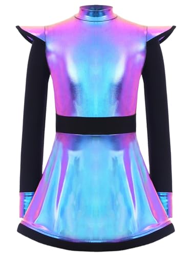 TiaoBug Mädchen Alien Kostüm Lack Leder Kleid Langarm Partykleid mit Farbblock Faltenrock Heldin Weltraum Cosplay Outfits von TiaoBug