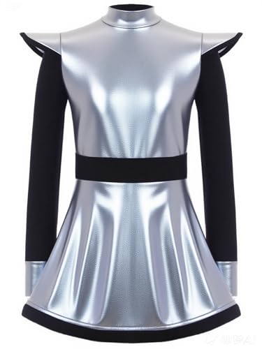 TiaoBug Mädchen Alien Kostüm Lack Leder Kleid Langarm Partykleid mit Farbblock Faltenrock Heldin Weltraum Cosplay Outfits von TiaoBug