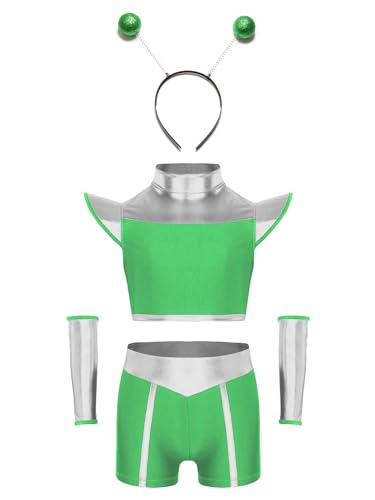 TiaoBug Mädchen Alien Kostüm Metallic Crop Top Rollkragen Oberteil + Kurze Hose Slim Fit Stretch Shorts + Armstulpen + Haarreifen Kinder Weltraum Cosplay Outfits Grün 146-152 von TiaoBug