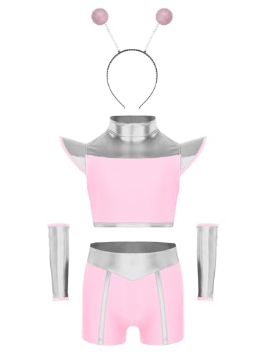 TiaoBug Mädchen Alien Kostüm Metallic Crop Top Rollkragen Oberteil + Kurze Hose Slim Fit Stretch Shorts + Armstulpen + Haarreifen Kinder Weltraum Cosplay Outfits Rosa 98-104 von TiaoBug