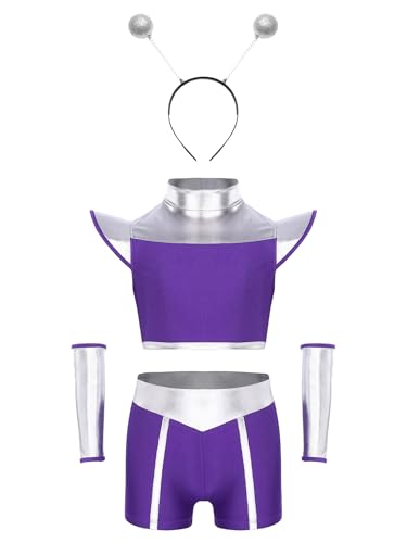 TiaoBug Mädchen Alien Kostüm Metallic Crop Top Rollkragen Oberteil + Kurze Hose Slim Fit Stretch Shorts + Armstulpen + Haarreifen Kinder Weltraum Cosplay Outfits Violett 98-104 von TiaoBug