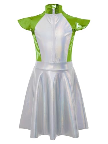 TiaoBug Mädchen Alien Kostüm Metallic Kleid Kurze Flügelärmel Partykleid Tutu Rock mit Glitzer Farbblock Film Soldatin Zukunst Weltraum Outfits Leuchtendes Grün 158-164 von TiaoBug