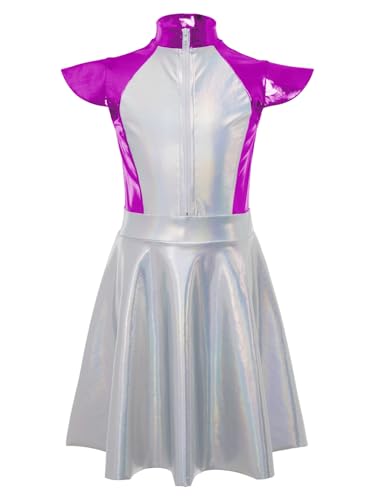 TiaoBug Mädchen Alien Kostüm Metallic Kleid Kurze Flügelärmel Partykleid Tutu Rock mit Glitzer Farbblock Film Soldatin Zukunst Weltraum Outfits Violett 146-152 von TiaoBug